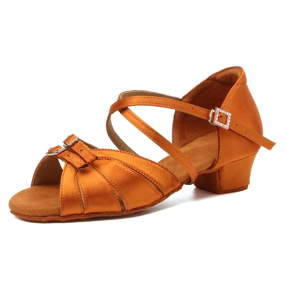 RUYBOZRY Girls Latin Dance Shoe Satin Salsa Ballroom Low Heel Practice Dancing Shoes,Model WLLD28-Brown-3.5,US 13 Little Kid