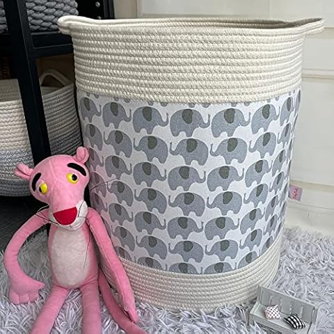 Babycurls Large Cotton Woven Rope Nursery Laundry Basket With Handles - Tall Washing Basket for Baby Nursery Room Storage for Blanket in Living Room Toy Basket (Elephant Love) Cover