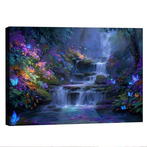 Waterfall and Stream Canvas Wall Art for Living Room Bedroom Bathroom - Serene Flowing Water Nature Painting, Tranquil Forest Landscape Decor, Waterproof Framed Print, Ready to Hang