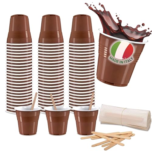 COFFISANO Lot de 150 verres à café + 150 palettes, set de palettes 90 mm jetables en bois bouleau et verres 80 ml, pour expresso restaurants, bureau, à emporter, bar...