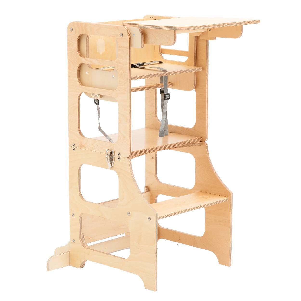 Duck WoodWorks multifunctional high char transformable kitchen tower and table with chair (Natural Wood)