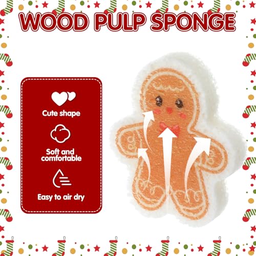 Image of Layhit 12 Pcs Christmas Dish Sponges Cute Kitchen Non Scratch Scrub Sink Sponges Wood Pulp Reusable Household Cleaning Cloth for Kitchen Dishes Furniture(Gingerbread Man)