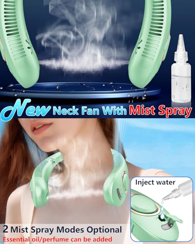 Image of Neck Fan that Blow Cold Air with Water Mist, Rechargable USB-C & LED Display, Personal Ventilador de Agua de Aire Frio, Mobile Portable Wearable AC Fans for Kid Girl Mens Outdoor Travel Sports, Green
