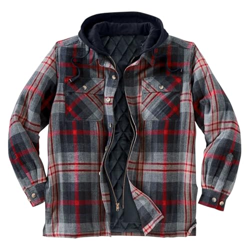 Dademeo Men's Plaid Jackets Quilted Lined Flannel Shirt Jacket Zip Up Drawstring Hooded Thicken Shackets Coat with Pockets