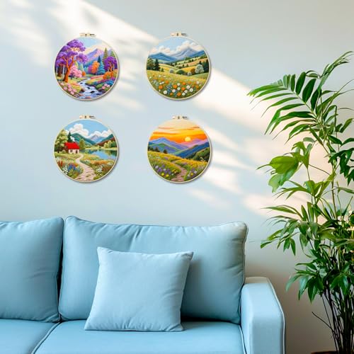 Image of BEUNITONE 4 Set Fairy Tale Landscape Embroidery Kit for Beginners 7.9 inchx7.9 inch Pre-Stamped Pattern Needlepoint Kits with Hoop, Tools & Instruction, Handamde Embroidery Kits for Fabric and Home Decor