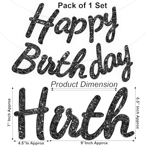 Image of Rozi Decoration Happy Birthday Banner Black Glitter Decoration - Reusable Cursive Letter Party Garland for Birthday Decor, Men Women Kids Adults, Happy Birthday Cursive Banner Pack of 1 Set