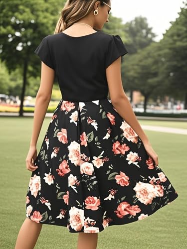 Image of oxiuly Women's Flounce Sleeve Wedding Church Vintage Dresses Casual Floral Party Cocktail Work Dress with Pockets Fei376
