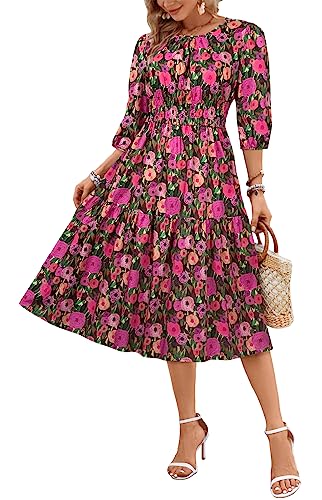 Image of Kormei Women Casual Boho Floral Round Neck 3 /4 Sleeve Smocked Waist Tiered A Line Flowy Swing Midi Dress Long Dresses
