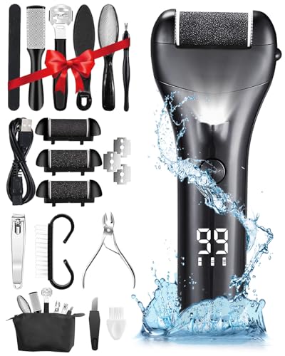 Electric Foot File for Hard Skin Remover, 16 in 1 Rechargeable Pedicure Sets for Feet, Waterproof Callus Remover with 3 Replacement Roller Heads, 3 Speeds & LED Display, Foot Care Kit with Storage Bag