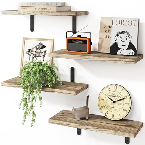 Fixwal Wall Floating Shelves for Room Decor, 4 Sets Floating Shelves for Wall Storage, Wood Wall Mounted Shelf for Bedroom Decor, Bathroom Storage, Book Shelf for Wall-Rustic Brown