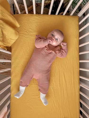 Image of Pack and Play Sheets for Baby Boy and Girl 2 Pack, Neutral Muslin Cotton Pack N Play Mattresses Sheet 27 inchx39 inch, Muslin Nursery Bedding Soft and Breathable Comfort (Beige & Mustard Yellow)