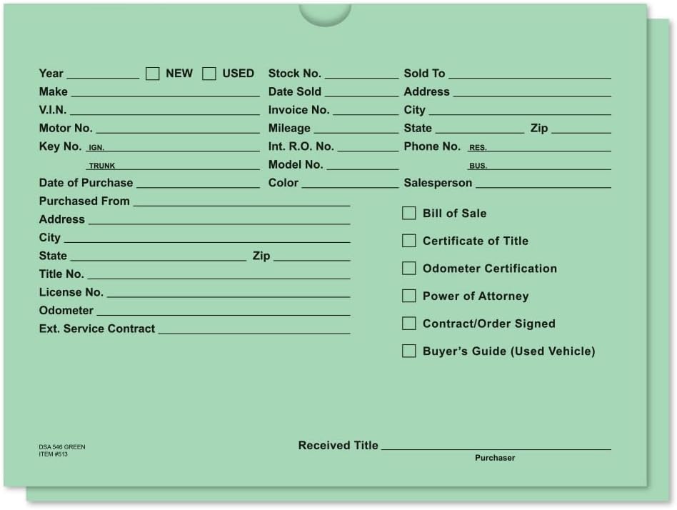 Vehicle Deal Envelopes (Deal Jackets) - Packs of 100 (Green)