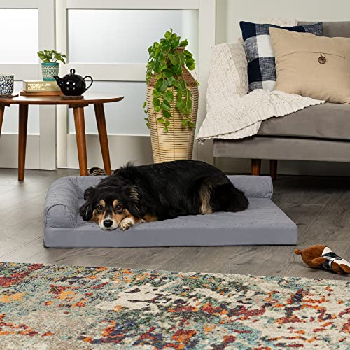 Image of Furhaven Cooling Gel Dog Bed for Large /Medium Dogs w / Removable Bolsters & Washable Cover, For Dogs Up to 55 lbs - Pinsonic Quilted Paw L Shaped Chaise - Titanium, Large