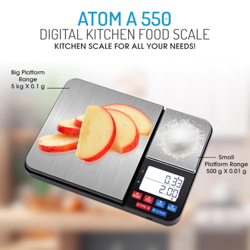 Image of Atom XS Dual Platform Digital Kitchen Scale With A Capacity Of 5Kg X 0.1 G & 500G X 0.01G High Precision Scale With Stainless Steel Platform | A 550 Kitchen Scale.