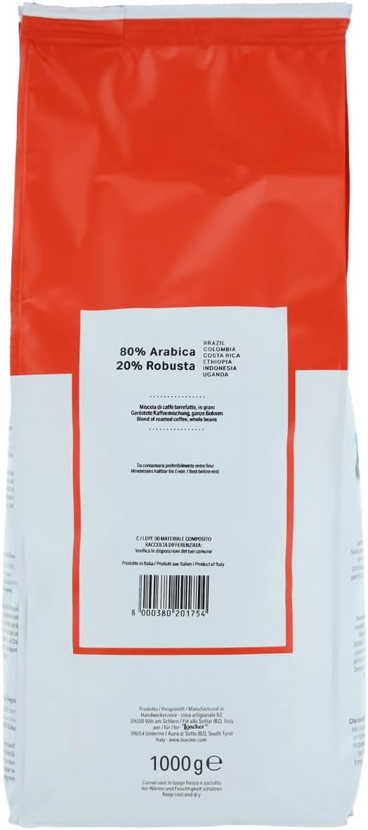 Loacker Caffè in Grani con Miscela di 80% Arabica e 20% Robusta, Ideale per Macchina Caffè e per Macinacaffè Elettrico, Aroma Intenso, 1 Confezione da 1kg