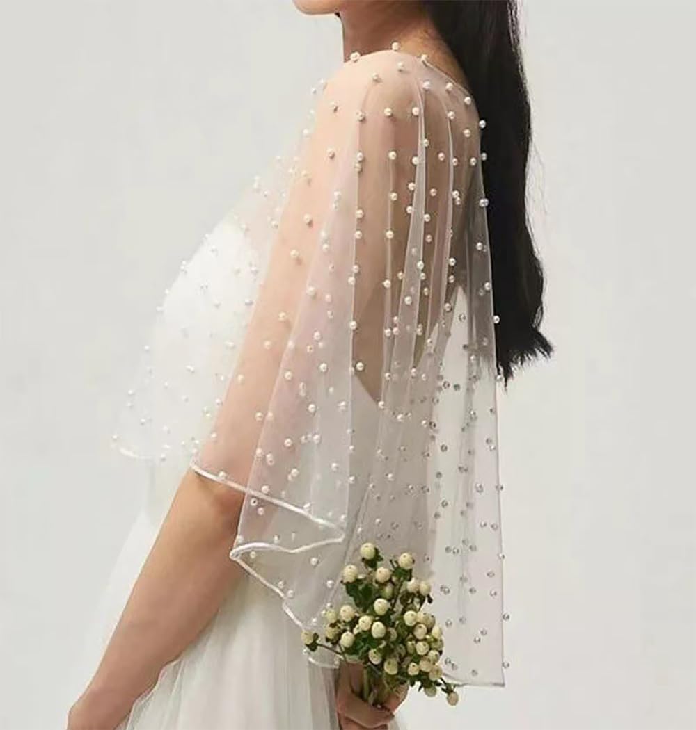 Capa de tul con cuentas de organza suave, capa de gasa elegante capa corta con perlas sintéticas, bufanda de cuello nupcial para novia, fiesta, boda, vestido de noche (1#)