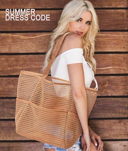 Image of KALIDI Beach Nylon Mesh Tote Bag, Casual Tote Bag Hobo Women Foldable MAX 23L Shoulder Bag For Beach Picnic Vacation