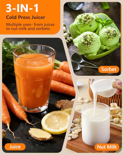 Image of 2026 LUFVEBUT Slow Cold Press Juicer with Reverse Function, Masticating Juicer Machines or Soft & Hard Vegetable Fruit High Juice Yield, Easy to Clean 250W High Power BPA-Free Dishwasher Safe