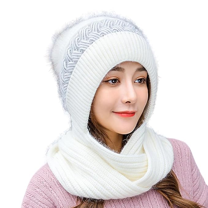 Women's Knitted Hat Winter Plush Velvet Warm Woolen Cap Neck Scarf | Twist Color Fuzzy Slouchy Beanie Monkey Cap with Muffler for Ski Hiking Outdoor Girls & Ladies (White)-image-32
