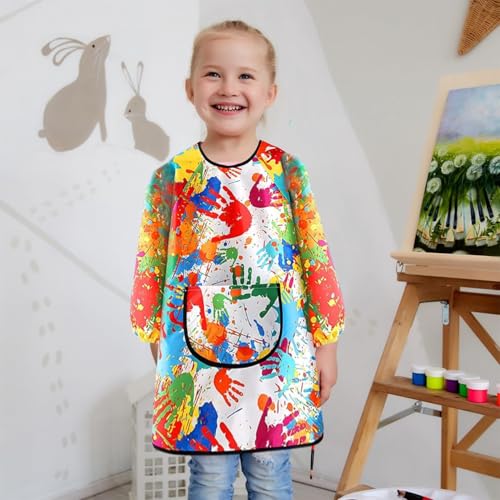 Malkittel Schule 1. Klasse,Malkittel Kinder 6-7-8-10-12 Jahre,Malschürze Kinder Malerkittel Maler Bastelschürze Bunt Kinderschürze Wasserdicht,Mit Ärmeln und Big Taschen für Kunst Malerei Kochen