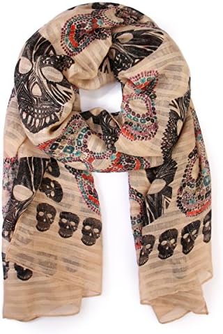 MYS Collection Bohemian Sugar Skull Print Scarf Shawl Wrap - Lightweight Colorful Calavera Women's Oblong, Infinity Circle Wrap Scarves (Oblong - Beige)