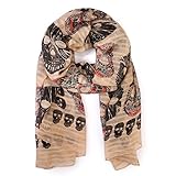 MYS Collection Bohemian Sugar Skull Print Scarf Shawl Wrap - Lightweight Colorful Calavera Women's Oblong, Infinity Circle Wrap Scarves (Oblong - Beige)