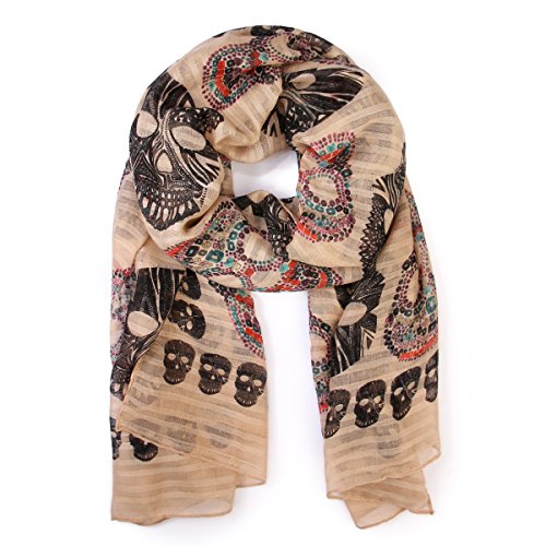 Mys Collection Bohemian Sugar Skull Print Scarf Shawl Wrap - Lightweight Colorful Calavera Women's Oblong, Infinity Circle Wrap Scarves (Oblong - Beige) #TOP1