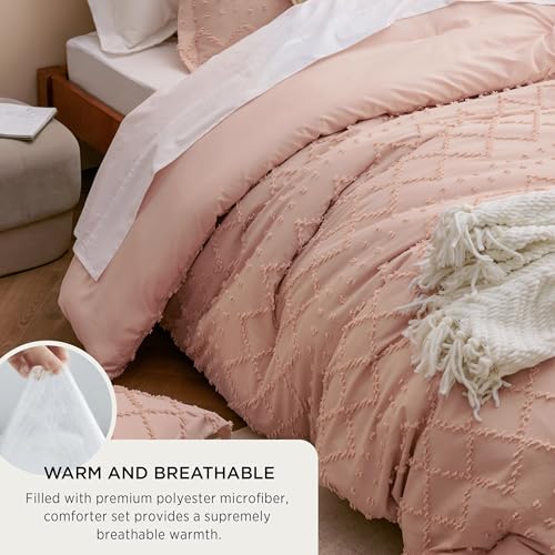 Image of Bedsure Queen Comforter Set - Coral Pink Comforter, Boho Tufted Distressed Vintage Bedding for Kids, 3 Pieces Farmhouse-Style Bed Set for All Seasons, Fluffy Soft Bedding with 2 Pillow Shams