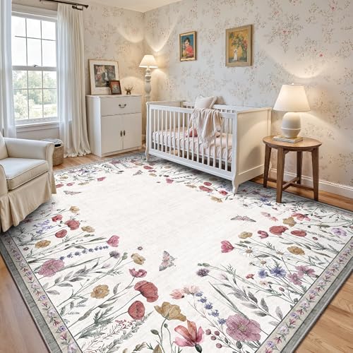 Yarooge 8x10 Area Rugs, Machine Washable Low Pile Floral Rugs for Living Room, Bedroom, Large Area Rug with Non-Slip Backing for Dining Room(Classic Beige) — view 4