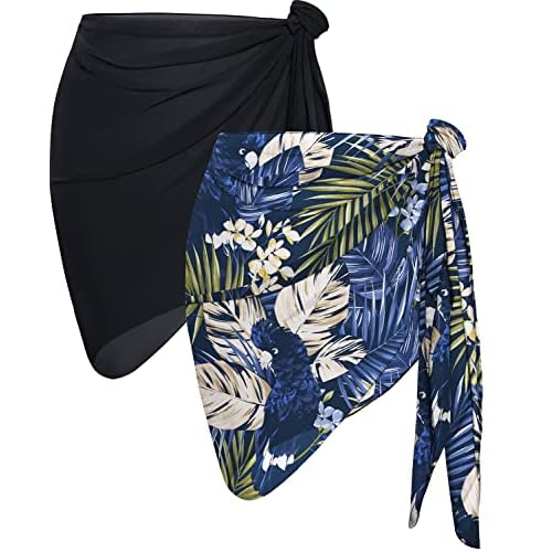 2 Pieces Sarong Cover Ups for Women Beach Bathing Suit Wrap Sheer Short Skirt Bikini Chiffon Scarf for Swimwear (Black & Dark Blue Leaf)