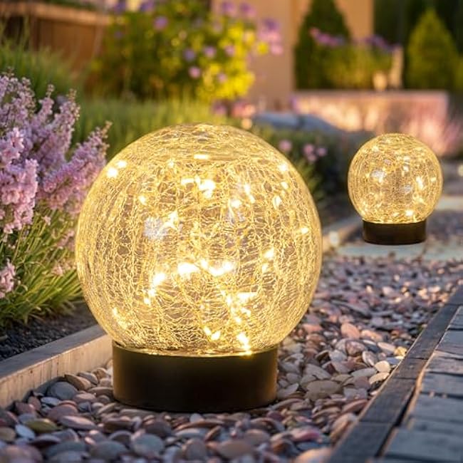 Beautyard Solar Globe Lights Outdoor Large Garden Decor USB Charged 4.72 Diameter 40LED 1000mAh Solar Lights Cracked Glass Globe Solar Power Yard Patio Garden (4.72'' Large 2 Pack Warm White)