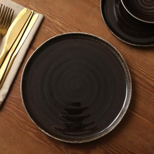 Image of Gibson Elite Eclipse Swirls Plates and Bowls Sets, 12-Piece Stoneware Dinnerware Sets, Reactive Glaze Dish Set - Black