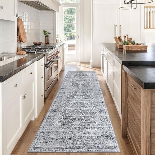 KUTA Washable Kitchen Runner 3x8, Grey White Non Skid Washable 8ft Rug, Printed Vintage Distressed Tribal Area Rugs Ultra Soft Carpet Runners for Bedroom Living Room