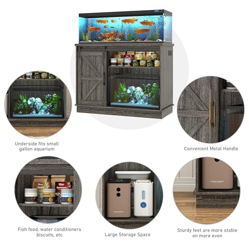 Image of Hlivelood Farmhouse 30-40 Gallon Fish Tank Stand with Power Outlet, Aquarium Stand w /Cabinet&Sliding Barn Door, Heavy Duty Reptile Tank Stand for Fish /Turtle /Reptile Terrarium, 1000LB Capacity, Grey