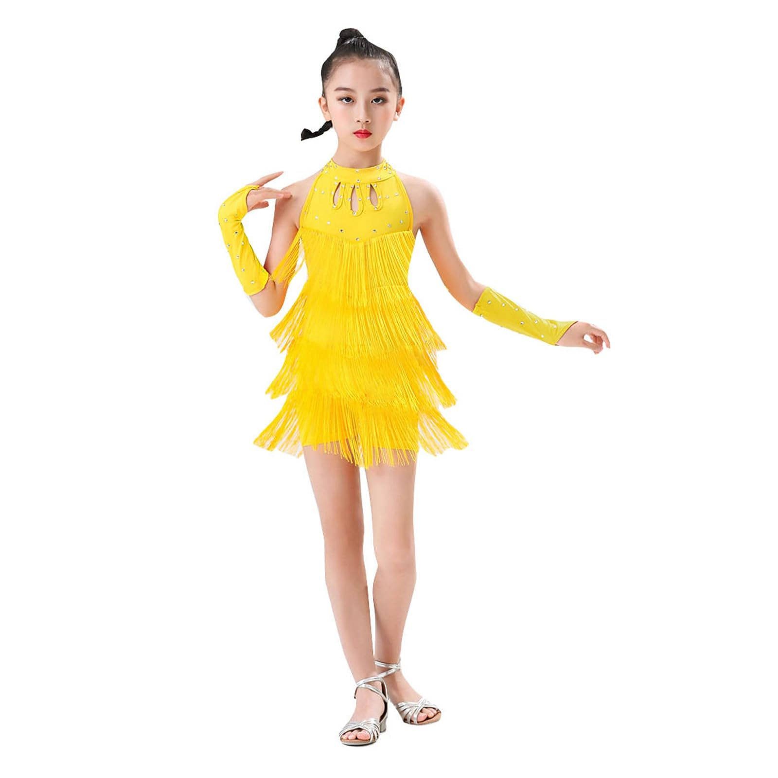 Generisch Combinaison de danse latine pour fille - Avec jupe à franges - Pour la compétition, la scène