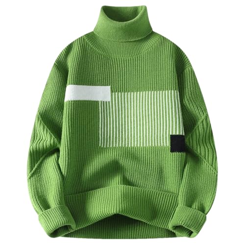 Men High Neck Patchwork Knit Sweater Loose Casual Pullover Winter Korean Style Warm Jumper