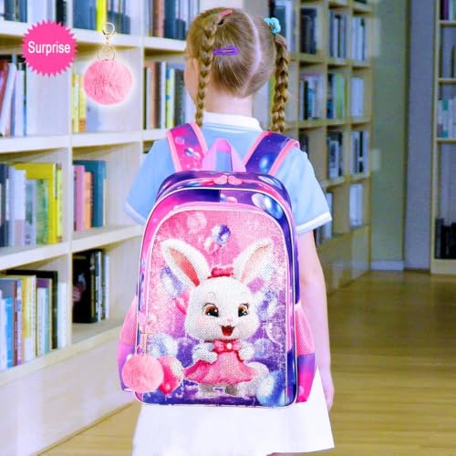 Image of 16 inch Bunny Backpack, 3Pcs Girls Sequin Bookbag for Elementary Preschool Kindergarten, Kids School Backpacks with Lunch Box(Pink)