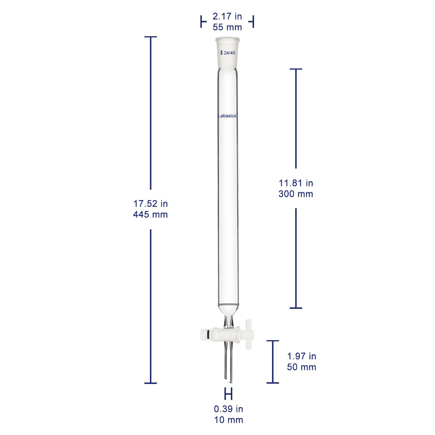 Labasics Colonne de Chromatographie sur Verre, Verre Borosilicaté Colonne à Joint Standard 24/40 avec Disque Fritté et Robinet en PTFE, Longueur Effective de 300 mm, O.D. de Colonne de 30 mm