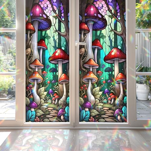 Mushroom Forest Stained Glass Window Film, Decorative Mushroom Forest Stained Glass Window Film, Mushroom Forest Stained Glass Window Film for Bathroom Door Heat Anti UV RF03