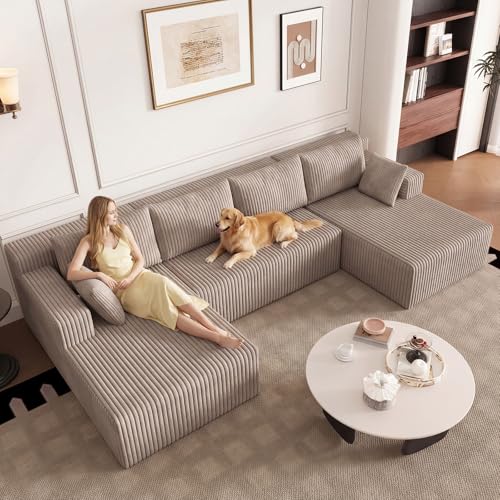Image of 124 inch Modular Sectional Sleeper Sofa, Boneless Cloud Couch for Living Room, U Shaped 3 Seat Sofa with Deep Seat, Free Combination, Couch in a Box, No Assembly Required (Camel)