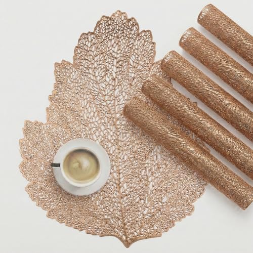 Image of Kuber Industries Leather Table Mats Set of 6 | Washable Placemat /Dining Table Mat for Wedding and Family Functions | Patta Design - Copper