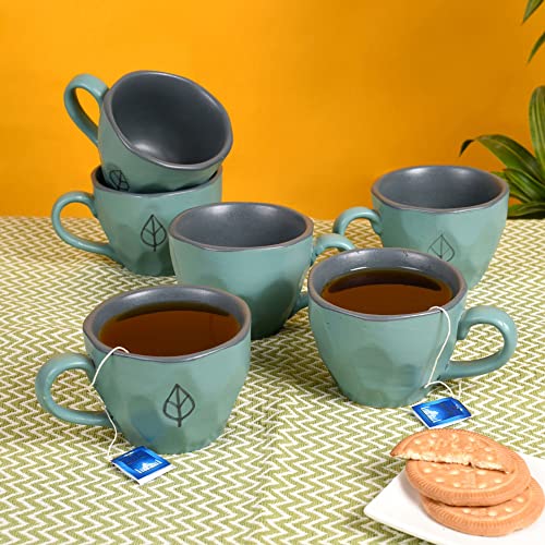 Image of AAKRITI ART CREATIONS Cup Ceramic Aqua Set of 6 | Ceramic Cup Set | Multipurpose Utility Cups | Floral Art Ceramic Cups, Kitchen Essentials | Glossy Finish, Aqua Blue Tea Cup Set