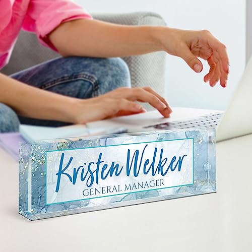 Image of Name Plate for Desk, Desk Name Plate Personalized, Office Decor for Women Men, Acrylic Desktop Accessories, Office Appreciation Gifts for Boss Social Workers Nurse Teacher Employee (Blue Marble)