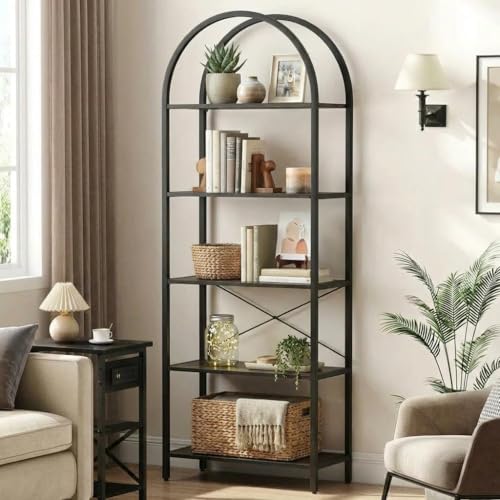 JOLLYTOP Bücherregal, 5-Stöckiges Regal, Ausstellungsregal Aus Metall Und Holz, Industrieregal, Standregal, Für Schlafzimmer, Wohnzimmer, Homeoffice, Schwarz