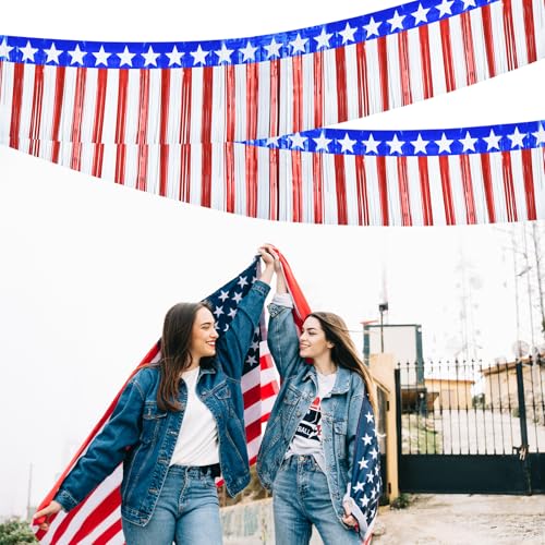 Image of 2 Strings Total 39.4 ft Patriotic Tinsel Garland - Each 19.7ft Red White and Blue Stars Fringe Garland for 4th of July, Memorial Day, Parade Float, and Party Decorations