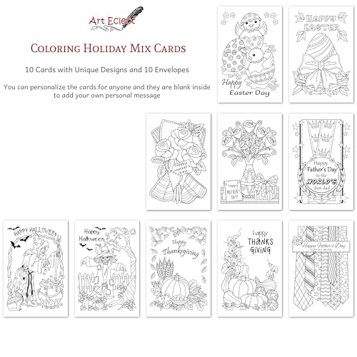 Image of Art Eclect Adult Coloring Cards for Easter, Mother's Day, Father's Day, Halloween and Thanksgiving, 10 cards to color and 10 White Envelopes (HolidayMix 10)