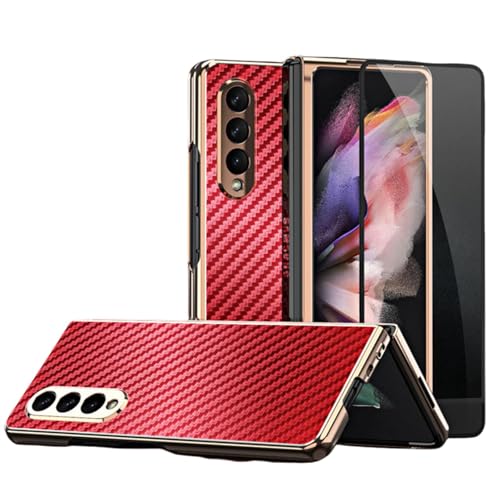 Coque Galaxy Z Fold3 de luxe en fibre de carbone rouge et métal avec écran de protection 360