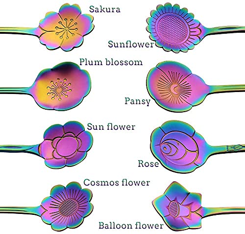 Image of Stainless Steel Creative Tableware Flower Dessert Spoon,Sugar Spoon,Mixing Spoon,Tea Spoon,Stirring Spoon,Cake & Ice Cream Spoon,Stir Bar Rainbow Spoons -Set Of 6 (Random) - 13 Cm