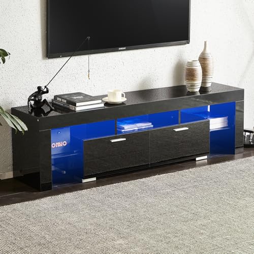 Nrizc LED TV Stand 60-75 inch, Modern Entertainment Center for Living Room, Black TV Console with 2 Drawers, Wooden TV Cabinet with Stroage