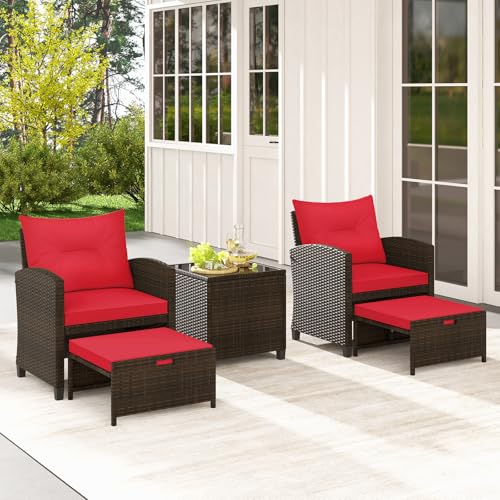 COSTWAY 5-Piece Rattan Conversation Set, Outdoor Sofa, Tempered Glass Coffee Table & Ottomans for Small Space, Boho Chic Indoor/Outdoor Furniture for Patio, Living Room & Apartment (Red)